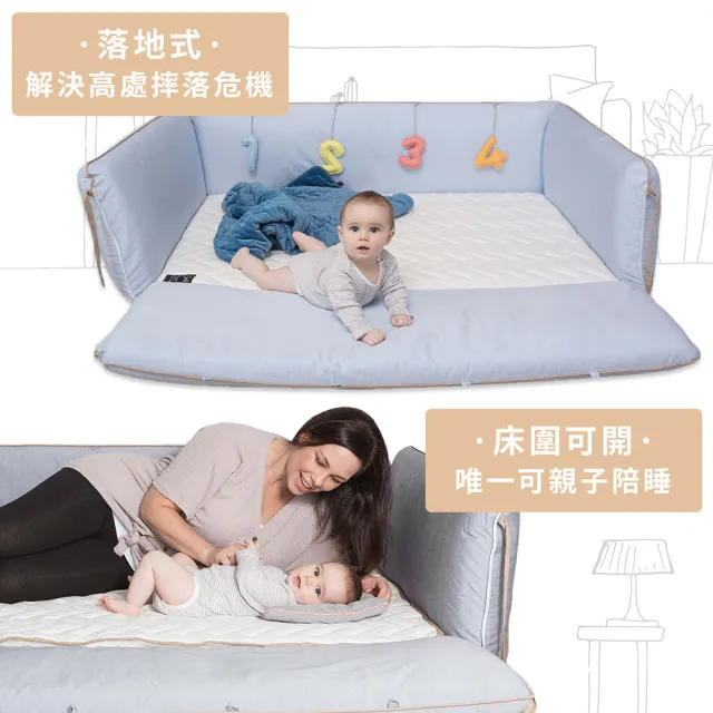 【gunite】多功能第三代落地式沙發嬰兒陪睡床0-6歲 四件組 床墊+床圍+止滑墊+床邊吊飾(多色可選)