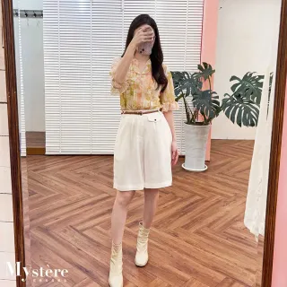 【my stere 我的時尚秘境】雙11 荷葉邊彈性渲染上衣 兩色 針織上衣 涼感上衣 潑墨上衣 V領上衣 渡假風上衣