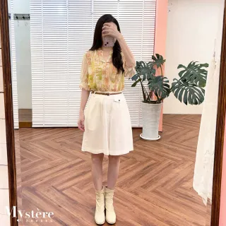 【my stere 我的時尚秘境】雙11 荷葉邊彈性渲染上衣 兩色 針織上衣 涼感上衣 潑墨上衣 V領上衣 渡假風上衣