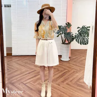 【my stere 我的時尚秘境】雙11 荷葉邊彈性渲染上衣 兩色 針織上衣 涼感上衣 潑墨上衣 V領上衣 渡假風上衣