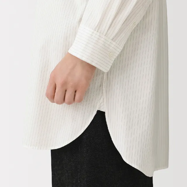 【MUJI 無印良品】女水洗平織布立領長袖長版襯衫(白直紋/摩卡棕直紋)