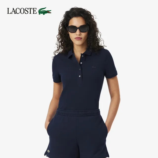 【LACOSTE】女款-緊身彈性棉短袖Polo衫(海軍藍)