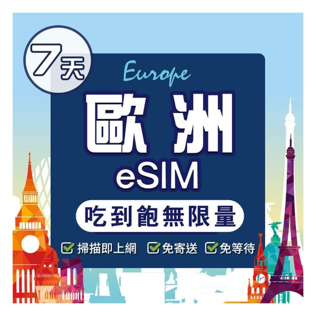 【環亞電訊】eSIM歐洲39國07天（吃到飽無限量）(eSIM 24H自動發貨 免等待免換卡 歐洲 土耳其 英國 瑞士)