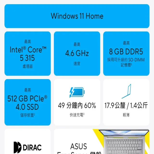 【ASUS 華碩】滑鼠組★14吋Core 5輕薄筆電(Core 5-315/16G/512G SSD/W11/VivoBook X1404MA)