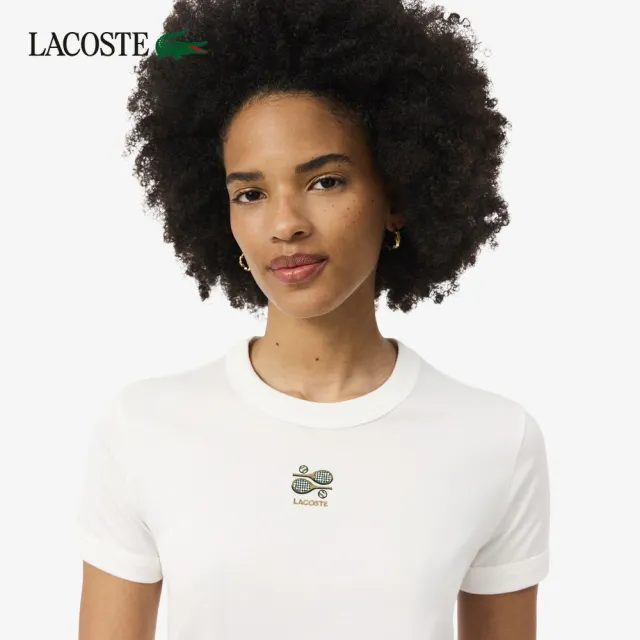 【LACOSTE】女款-網球刺繡裝飾針織短袖T恤(白色)