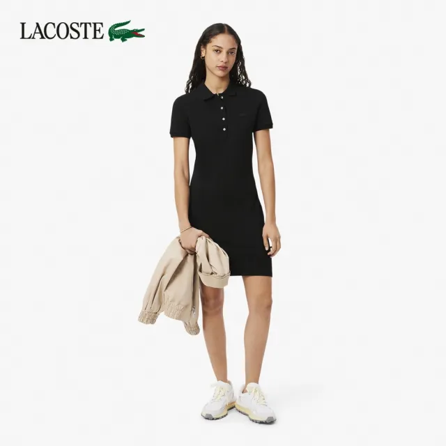 【LACOSTE】女款-彈性棉質網眼布短袖Polo連身裙(黑色)