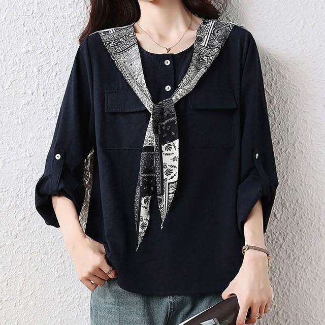 【麗質達人】6201藍色袖可反折上衣-LY (L-5XL)