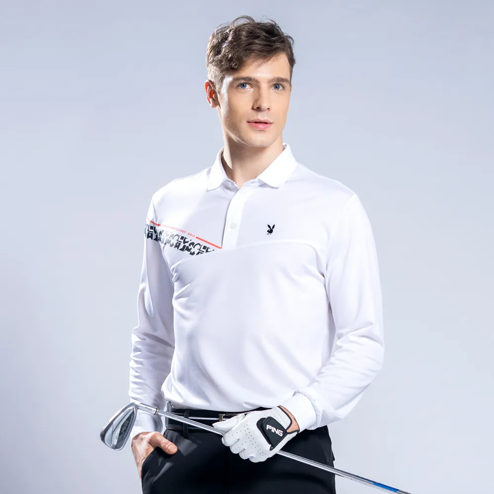 【PLAYBOY GOLF】男款鳳梨布剪接長袖POLO衫-白(吸濕排汗/蓄熱保溫/高爾夫球衫/AA22207-87)