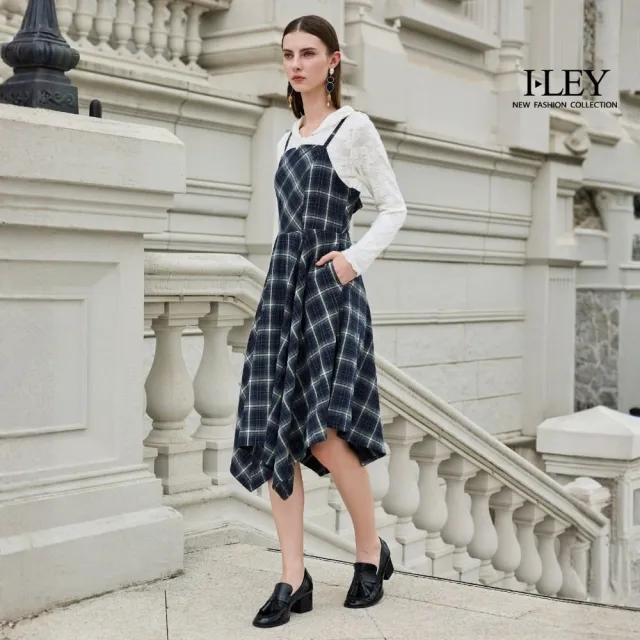【ILEY 伊蕾】細肩帶格紋不對稱下襬洋裝(深藍；M-XL；1264527201)