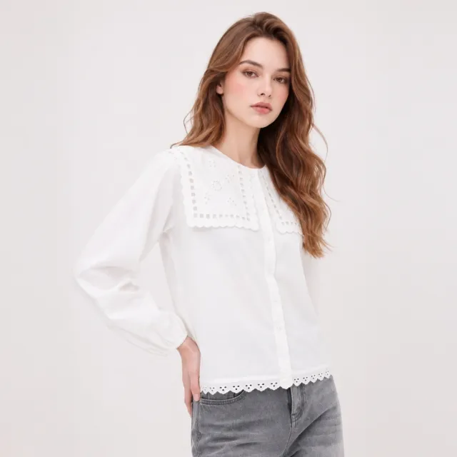 【ILEY 伊蕾】前後雙領片刺繡拼接襯衫(白;M-XL;1263381504)