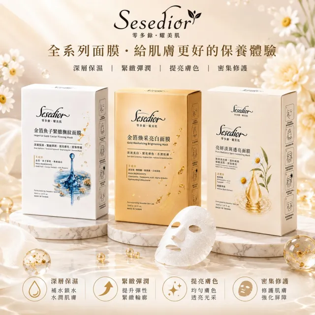 【Sesedior 希希娣兒】亮妍淡斑透亮/金箔煥采亮白/金箔魚子緊緻撫紋面膜各10片