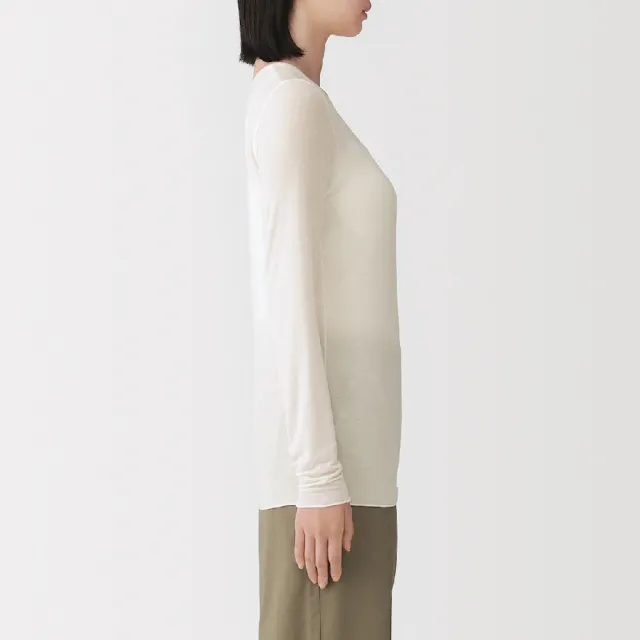 【MUJI 無印良品】女透明感圓領長袖 T 恤(柔白/黑色)