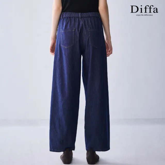 【Diffa】刷色剪裁後腰鬆緊牛仔長寬褲(丹寧)-女