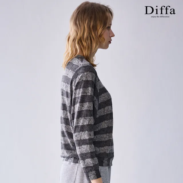 【Diffa】灰條花卉緹花長袖針織衫-女
