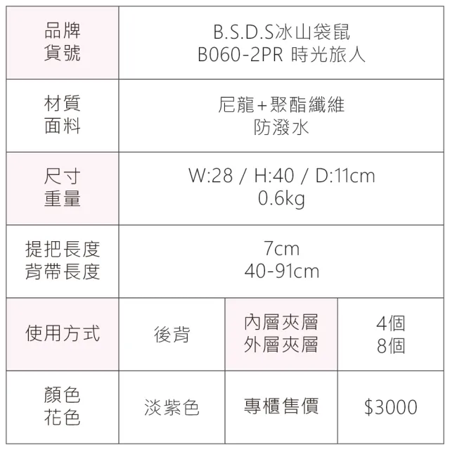 【冰山袋鼠】雙11 時光旅人 - 知性多隔層附插袋胸扣後背包 - 淡紫色(B060-2PR)