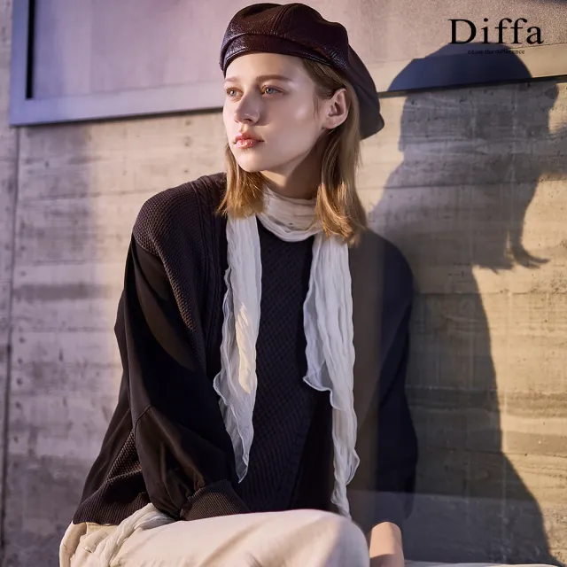 【Diffa】拐花織紋異素材拼接落肩長袖線衫-女