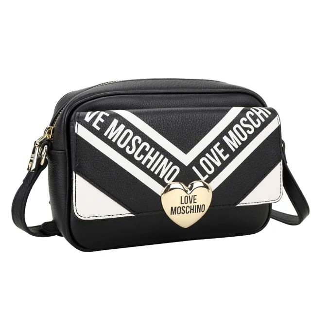 【MOSCHINO】LOVE MOSCHINO 愛心釦翻蓋牛皮斜背相機包(黑色 肩背 側背 真皮)