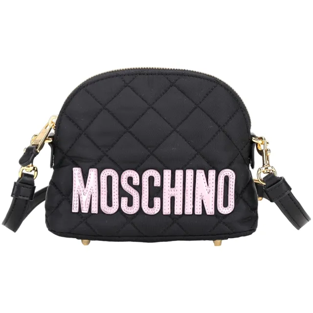 【MOSCHINO】粉字母絎縫尼龍可拆背帶手拿 斜背貝殼包(黑色 兩用包 肩背 萬用包)