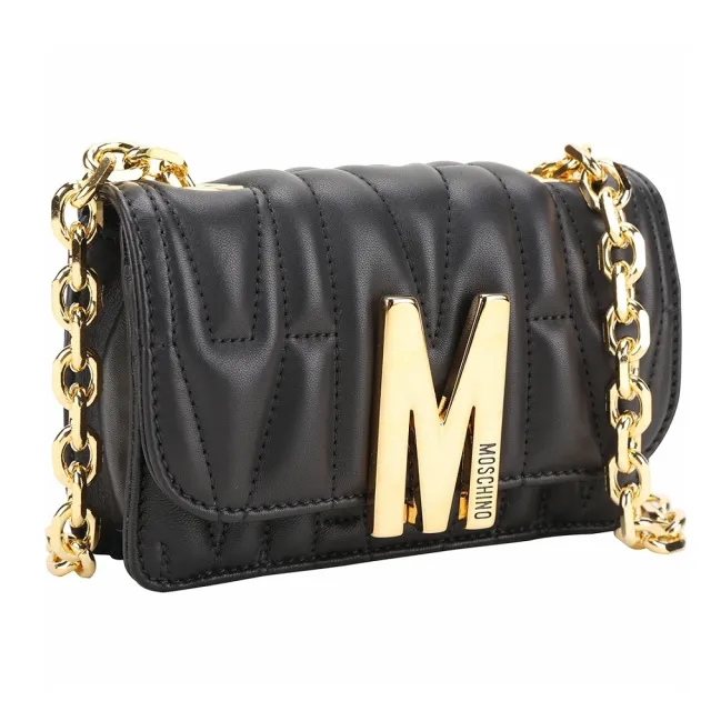 【MOSCHINO】M字衍縫牛皮迷你翻蓋斜背包(黑色 肩背 鍊帶包 鍊條包)