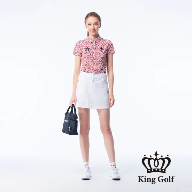 【KING GOLF】網路限定款-女款小花印花火鶴刺繡涼感短袖POLO衫/高爾夫球衫-紅色