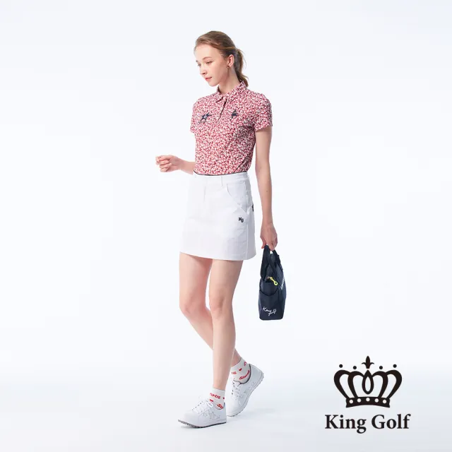 【KING GOLF】網路限定款-女款小花印花火鶴刺繡涼感短袖POLO衫/高爾夫球衫-紅色