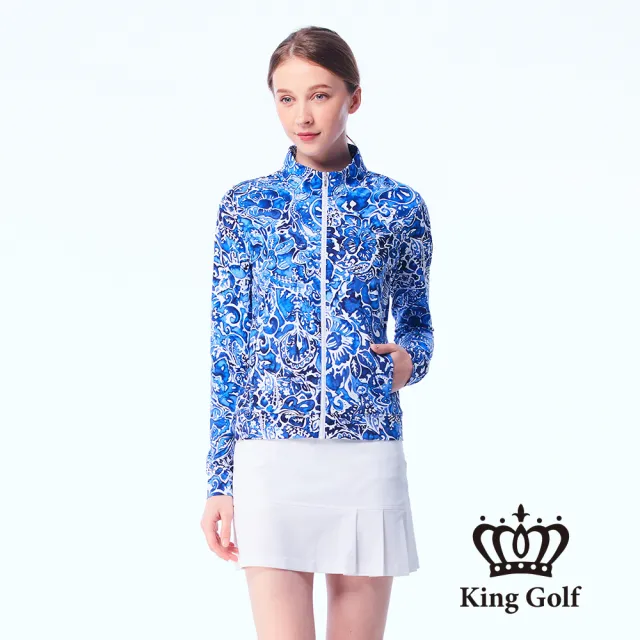 【KING GOLF】網路限定款-女款夏日藍花滿版印圖舒適防曬修身立領夾克/高爾夫球外套-藍色