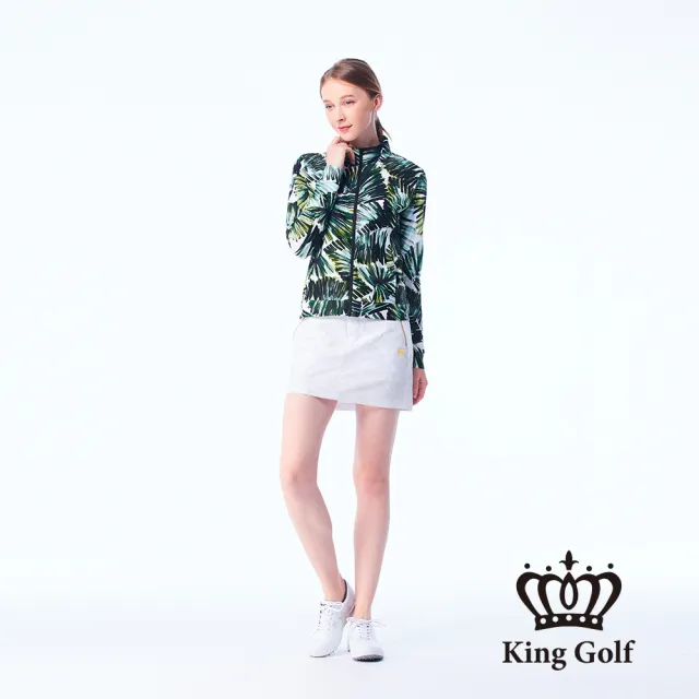 【KING GOLF】網路限定款-女款夏日綠葉滿版印圖舒適防曬修身立領夾克/高爾夫球外套-深綠