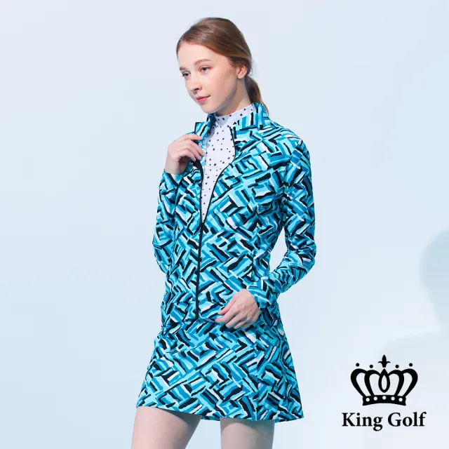 【KING GOLF】網路限定款-女款幾何塗鴉滿版印圖舒適防曬修身立領夾克/高爾夫球外套-綠色