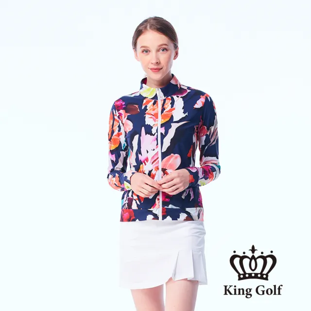 【KING GOLF】網路限定款-女款彩繪花朵滿版印圖舒適防曬修身立領夾克/高爾夫球外套-深藍