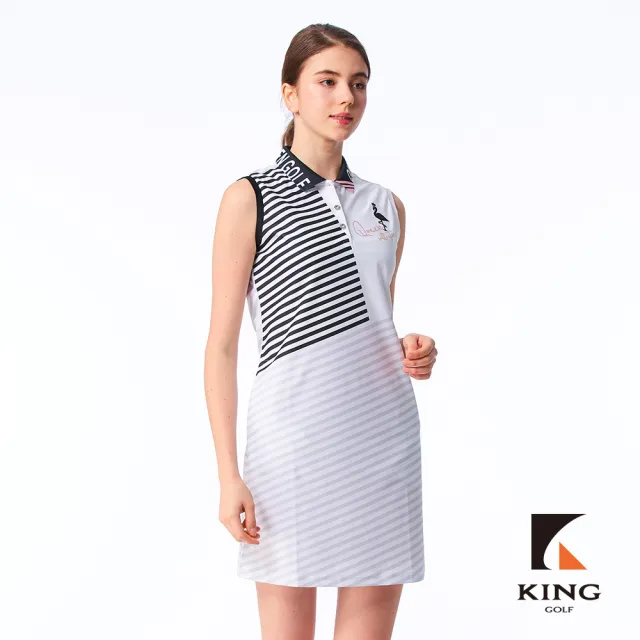 【KING GOLF】網路限定款-女款撞色領口斜條紋燙鑽透氣涼感開襟背心連身裙/高爾夫洋裝-白色