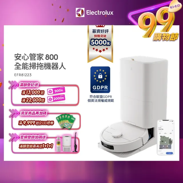 【Electrolux 伊萊克斯】嘖嘖募資好評5000萬 安心管家 800 全能掃拖機器人(EFR81223)