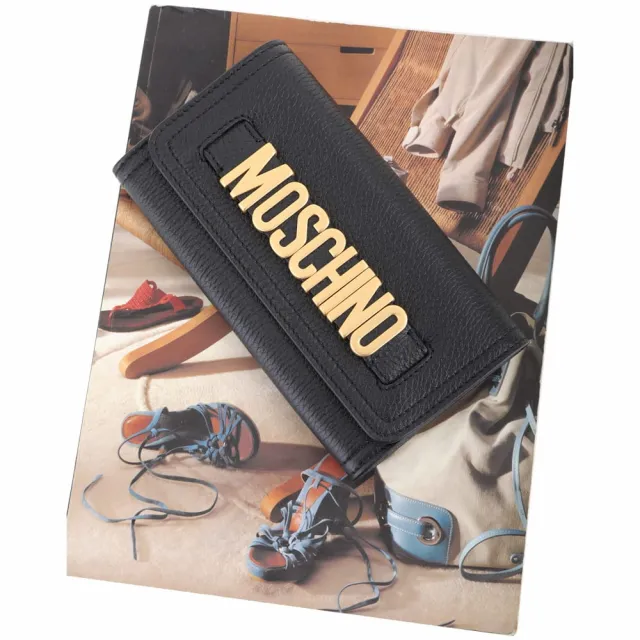 【MOSCHINO】金字徽標荔紋牛皮釦式長夾(黑色 皮夾 錢包 皮件)