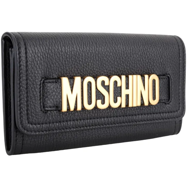 【MOSCHINO】金字徽標荔紋牛皮釦式長夾(黑色 皮夾 錢包 皮件)