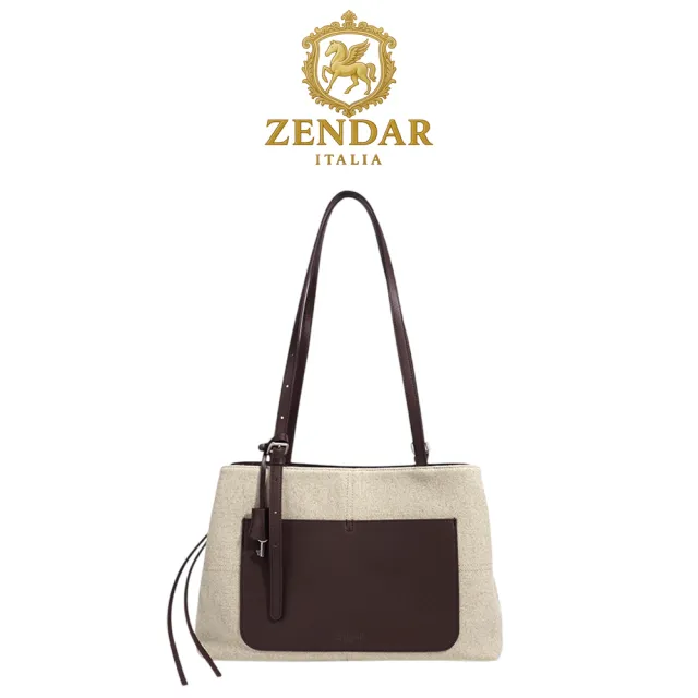【ZENDAR】台灣總代理 限量2折 時尚亞麻布小牛皮托特包 嘉娜系列 全新專櫃展示品 (咖啡色)