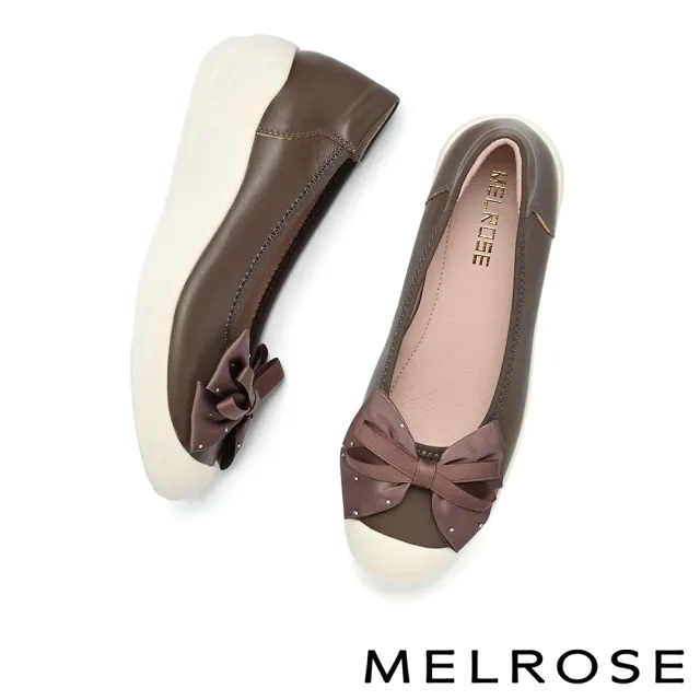 【MELROSE】美樂斯 率性氣質燙鑽蝴蝶結牛皮厚底休閒鞋(咖)
