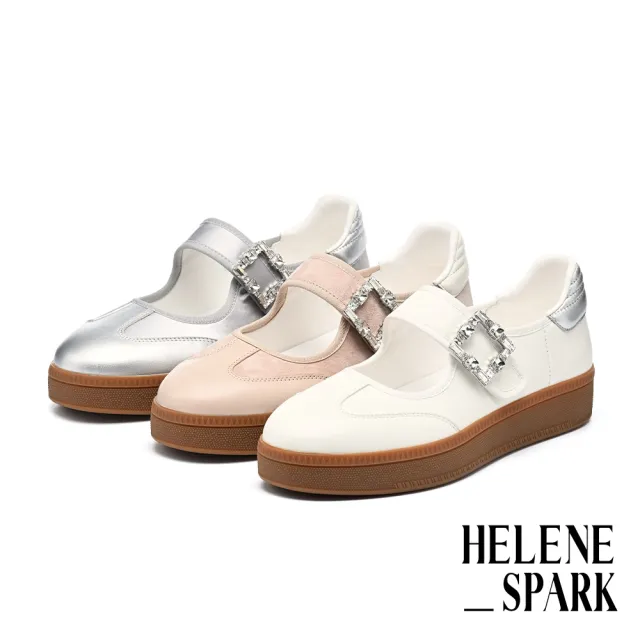 【HELENE_SPARK】率性時尚白鑽大方釦魔鬼氈異材質瑪莉珍厚底休閒鞋(銀)