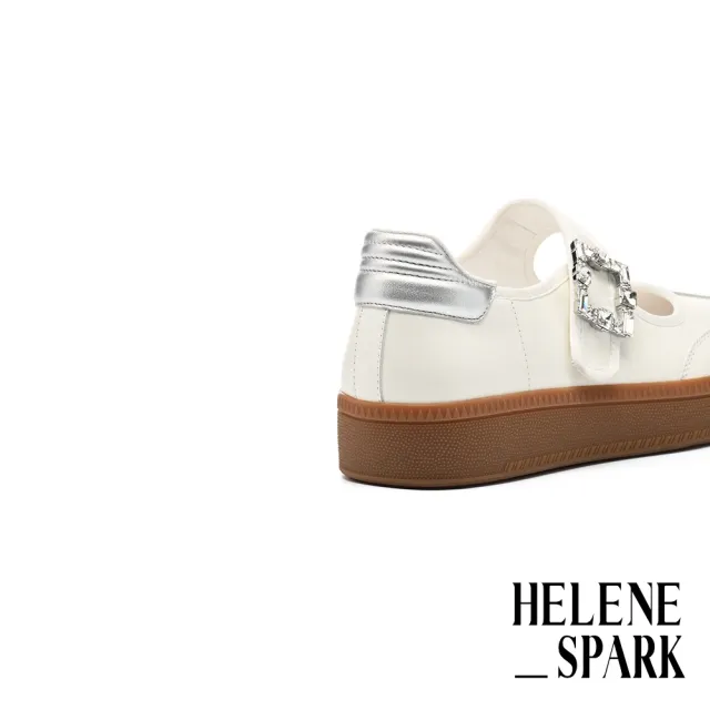 【HELENE_SPARK】率性時尚白鑽大方釦魔鬼氈羊皮瑪莉珍厚底休閒鞋(米白)