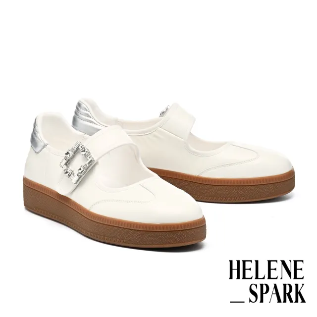 【HELENE_SPARK】率性時尚白鑽大方釦魔鬼氈羊皮瑪莉珍厚底休閒鞋(米白)
