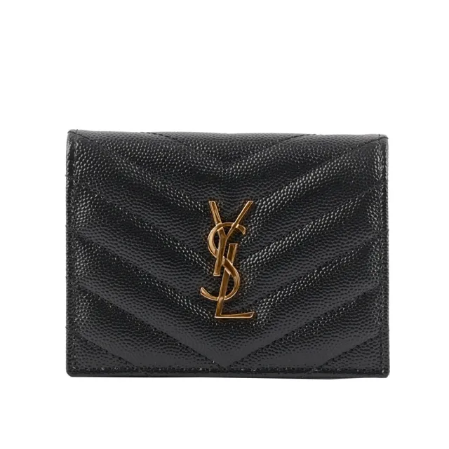 【YSL】山形紋魚子醬皮金字二折卡片小短夾(黑色)