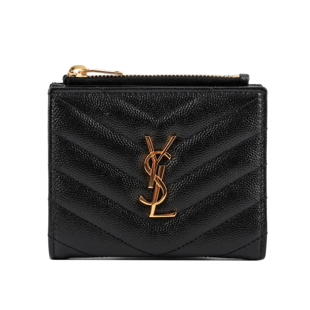 【YSL】山形紋荔枝皮金字logo暗釦短夾(黑)