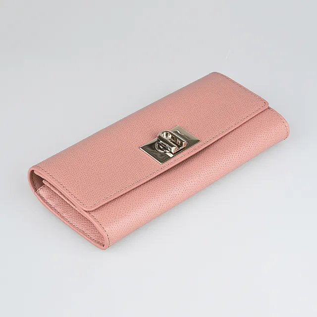 【FURLA 芙拉】FURLA 1927 金字LOGO荔枝紋設計防刮牛皮10卡旋扣式長夾(紅梅粉)