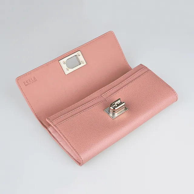 【FURLA 芙拉】FURLA 1927 金字LOGO荔枝紋設計防刮牛皮10卡旋扣式長夾(紅梅粉)