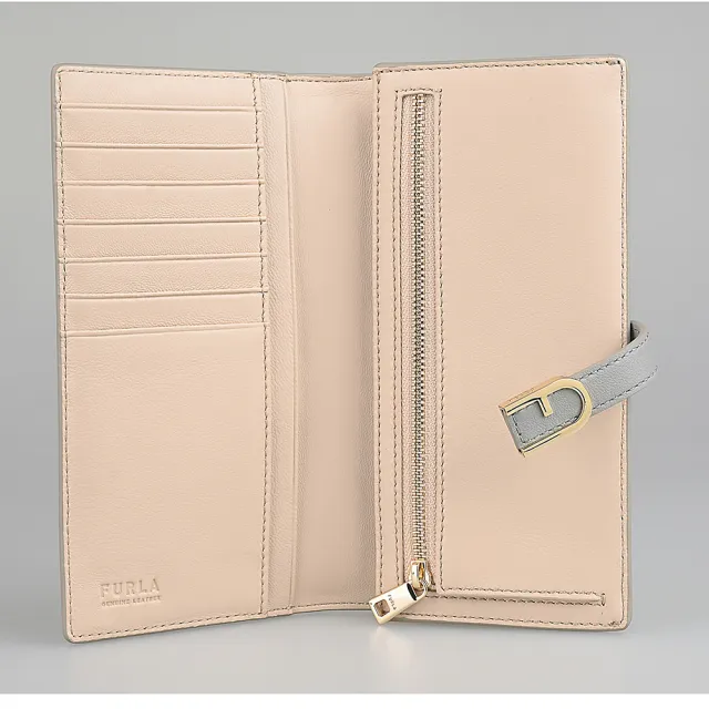 【FURLA 芙拉】FURLA Flow拱門LOGO小牛皮7卡釦式對折長夾(珍珠灰x內芭蕾粉)
