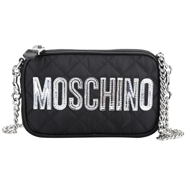【MOSCHINO】銀字菱格絎縫尼龍可拆鍊帶手拿 斜背包(黑色 肩背 鍊條包)