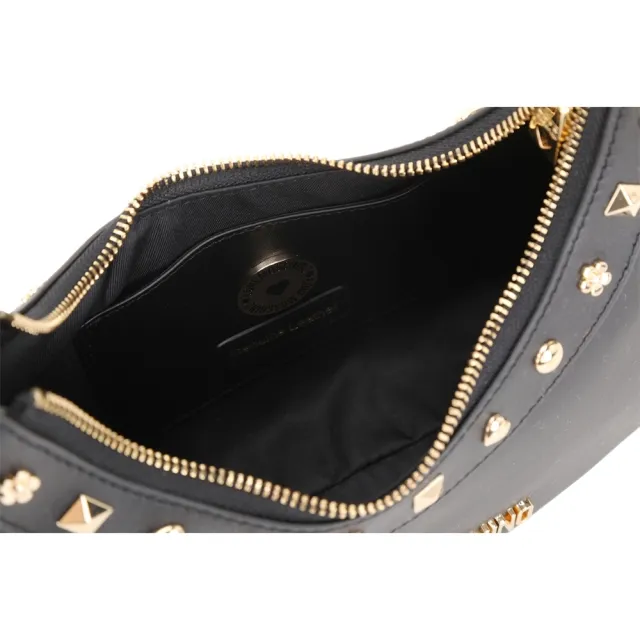 【MOSCHINO】LOVE MOSCHINO HOBO 金屬字母造型鉚釘牛皮手提 肩背腋下包(黑色 真皮 精品)