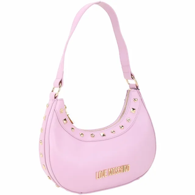 【MOSCHINO】LOVE MOSCHINO HOBO 金屬字母造型鉚釘牛皮手提 肩背腋下包(粉紫色 真皮 精品)