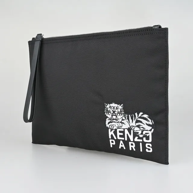 【KENZO】KENZO精品聚酯纖維Varsity刺繡腕帶手拿包(大/黑)