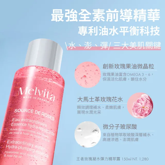 【Melvita 蜜葳特】玫瑰油水養膚精萃組(玫瑰摩洛哥堅果油50ml+彈力精萃露150ml)