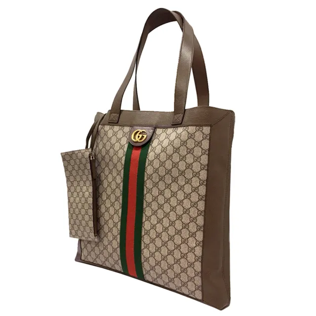【GUCCI 古馳】779887經典GG LOGO綠紅綠織帶直立式肩背托特包(棕色)