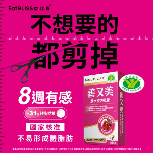 【EatBLISS 益比喜】健字號善又美草本複方膠囊5入組(30粒/盒 國家核准不易形成體脂肪)